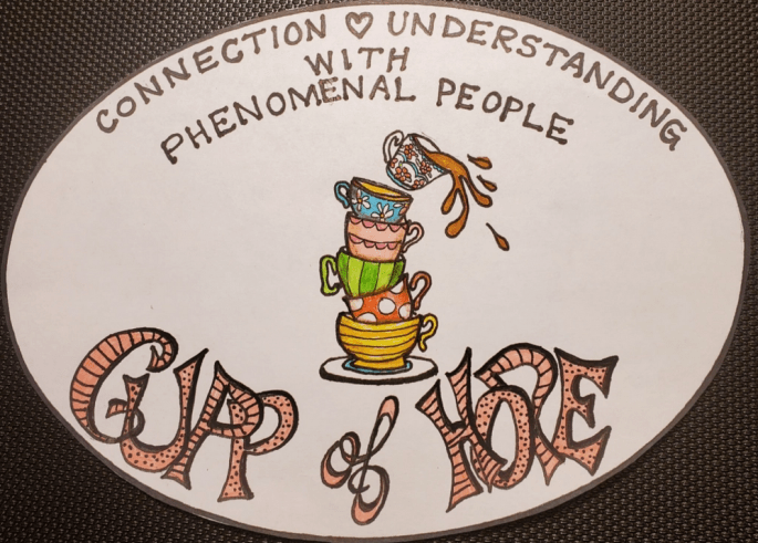 CUPP of Hope logo with a colourful stack of empty teacups, the top cup is full of tea that splashes as the cup tips.