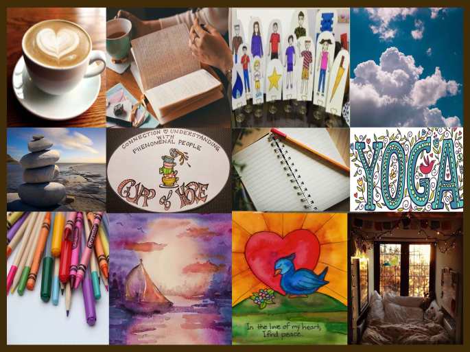 Collage of icons from past events including an image of a journal, the logo for CUPP of Hope, the word Yoga, and a picture of colorful art supplies.