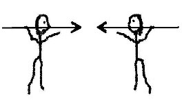 Drawing of two stick figures facing each other with their spears raised and pointed at the other person.