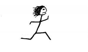 Drawing of a stick figure running quickly away, with its hair streaming out behind it as if from the wind.