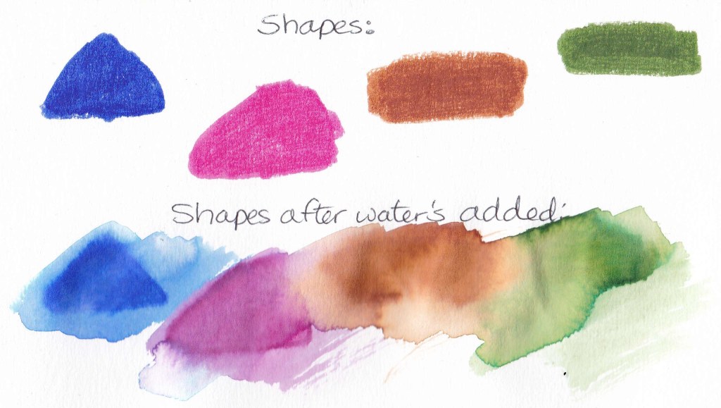 An image of different coloured shapes drawn with markers. And then the same shapes after being painted over with water. The colours had blurred and spread.