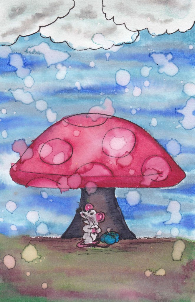 A painting of a gray mouse under a red mushroom, looking up at the raindrops coming down.