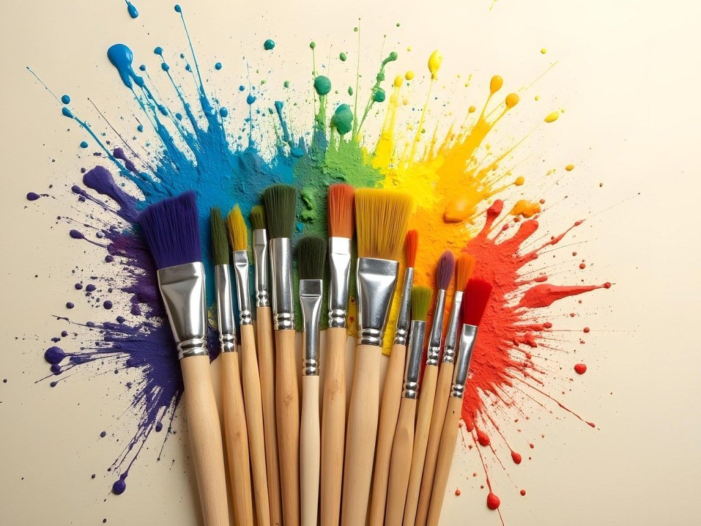 A variety of paintbrushes lying on top of a sheet of ivory colored paper splattered with a rainbow of paint colors.