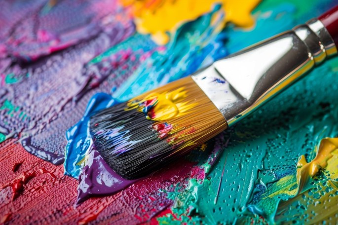 Thick layers of paint on a canvas - red, blue, yellow - with the edges blending into each other. The bristles of a paint brush are blending some of the red and blue into purple.