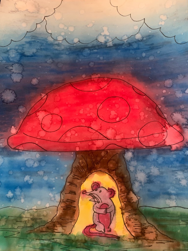 A painting of a mouse in its mushroom house, sheltered from the rain.