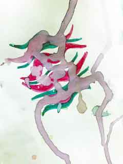 An abstract image done with markers on a white background. There are thick wavy lines in green and pink in the middle of the page. Over top of them are mauve lines in a random pattern from putting water on the page, then tipping the page in various directions to let the water run around it.