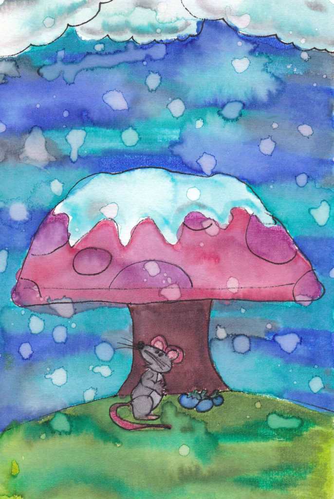 A painting of a mouse with some blueberries, under a mushroom and looking up at the snow that is just starting to fall.