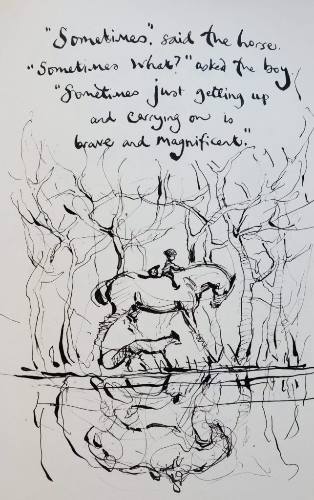 A page from The Boy, the Mole, the Fox and the Horse. A black and white line drawing of the boy and mole riding on the horse, with the fox trotting beside them. They're next to a body of water that shows their reflections, and trees with bare branches stretch up behind them. There's a contemplative feel to the image, they are carrying on and not in a hurry.